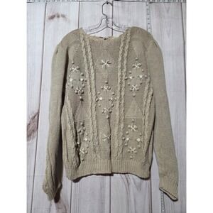 Colleen's Collectables Sweater Womens Large Tan Ramie Blend Cable Knit Pullover